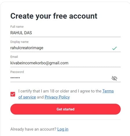 Create account in image selling website